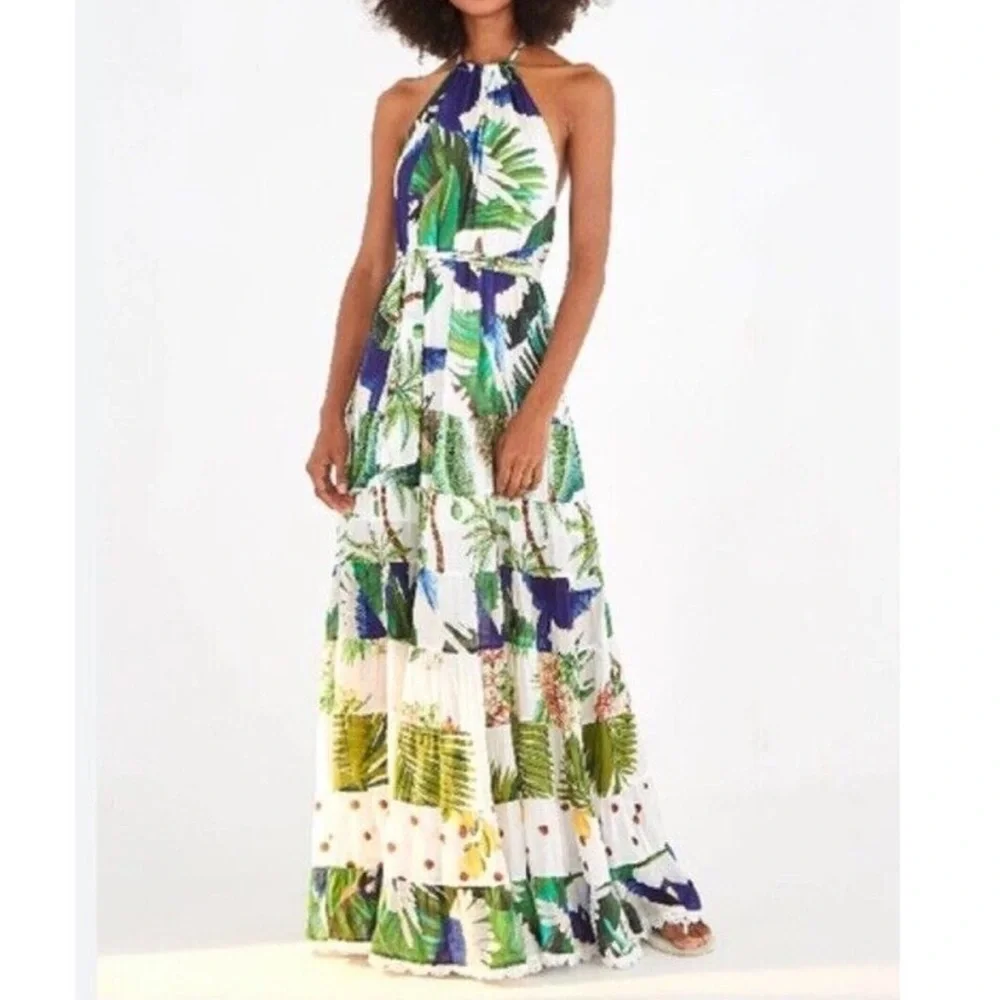 farm rio printed halter maxi dress Farm Rio Coast Stars Maxi Dress | Print/White | Size XS